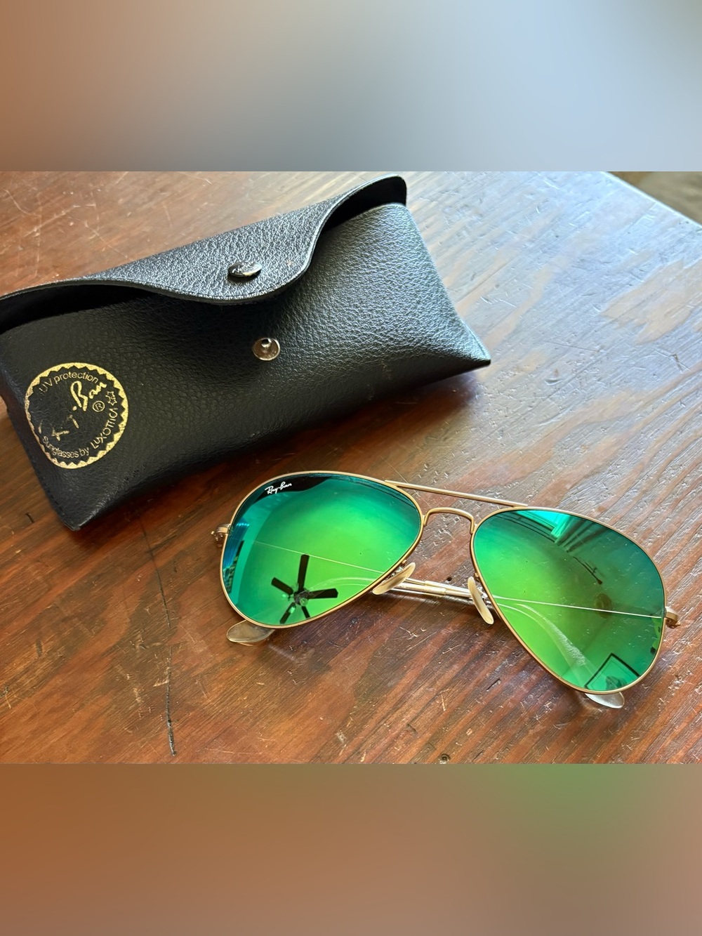 Ray-Ban Gold Frame Sunglasses with Green Mirror Lenses
